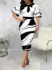 Casual Dresses Bodycon Print Dresses for Women Black and White Ruffle Sleeve Midi Robes Bowtie Package Hip Elegant slim fit Autumn Vestido 230223