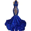 African Royal Blue Floral Memaid Prom Dresses Glitter Sequined Long Trumpet Evening Engagement Gowns Sleeveless Black Girls Slim Fit Luxury Formal Occasion Dress