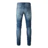 Heren denim jeans scheurde slank fit rek lederen patchwork