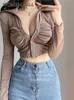 Women's Two Piece Pants Kawaii Sweet girl Sexy V neck Fold Pleated Thin Button Long Sleeve Tops Corset Short T Shirt Tees Top Korean Women FK09 230224