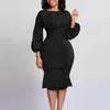 Casual Kleider Puff Sleeve Midi Kleid Frauen Rüschen Rundhals Formale Party Cocktail Bleistift Kleid mit Schleife Gürtel Vestidos 230223