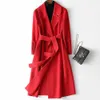 Women's Jacket Fashion Doublesided Long Woolen Coat Slimming Fit Office Lady Elegant Wool Overcoat For Autumn Winter Red Black With Belt 230223