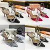 Сандалии 2023 Дизайнерские туфли с коробкой 100 шелк Silk Satin Double Bow Crystal Pumps Роскошные высокие каблуки, отражающие женщины Свадебная сандалия, мода Womens P J0525