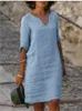Casual Dresses Eotvotee Cotton Linen Dress 3 Quarter Vintage Casual V Neck Loose Midja Midi Beach Dress Women Clothing Green Blue Gul Robe 230223