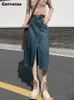 Skirts Cotvotee High Waist for Women Fashion Vintage Split Loose Denim Chic Streetwear Solid Mid Calf Long 230224