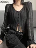 Dwuczęściowe spodnie damskie Goth Dark Mall Gothic See Through Bandage Bluzka Zakres Czarna Seksowna seksowna dzianina Tshirt Y2K Long Sleeve Streetwear Women Tops 230224