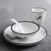 Kommen Chinees vintage servies set inkt schilderij keramische rijstkom bakje theekepel lepel dinerbord el decor servies soepschotel