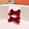 Hair Accessories Korean Cute Girl Rope Red Beaded Velvet Bowknot Princess Sweet Clips For Children's Fashion