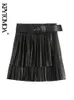 Spódnice Kpytomoa Kobiety moda z paskiem sztuczną skórzaną plisowaną mini spódnicę vintage z bokiem wysokiej talii.