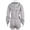 Kvinnors träningsdräkter Autumn Winter Solid Grey Short Tracksuit Women Casual Long Sleeve Zipper Hooded Oregelbundna Crop Top Shorts Fleece Two