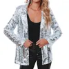 Kvinnorjackor Kvinnor täcker långa ärmar Cardigan Loose Charming Turn-Down Collar Single-Breasted Shiny Sequin Autumn Blazer för dejting