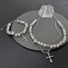 Choker Double-layered Pearl Cross Necklace Bracelet Set For Men And Women Hip-hop Gothic Accessories With Feminine Collarbone Chain