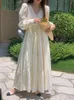 Casual Dresses Korean Fashion Long Dress Women Vintage Autumn Laceup Waist Loose Solid Color Vneck Full Sleeve Maxi Elegant 230224