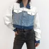 Kvinnors jackor hikigawa chic mode kvinnor vintage kontrast färg denim safari style streetwear lapptäcke löst korta kappskörda toppar
