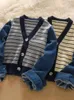 Damen Strick Xgoth Elegante Strickjacke Jacke Japan Denim Patchwork Ärmel Grunge Pullover Frauen Lose Designer Gestreift Gestrickt