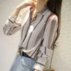 Kadın Bluzları Bahar Sonbahar Tarzı Kadın Şifon Gömlekleri Lady Ofis Giyim Stand Yakası Çizgili Baskılı Blusas Tops DD8953