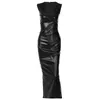 Casual Jurken 2023 Pu Leer Mouwloos Zwart Gedrapeerde Zip Up Slit Elegante Sexy Slanke Maxi Prom Jurk Winter Vrouwen y2k Streetwear Party