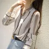 Women's Blouses Spring Autumn Style Women Chiffon Shirts Lady Office Work Wear Stand Collar Striped Printed Blusas Tops DD8953