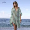 Women's Swimwear 2023 Sexy Hollow Out Deep V-neck Striped Crochet Mini Dress Women Summer Clothes Plus Size Beach Wear Swim Suit Cover Up Q1