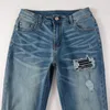 Heren denim jeans scheurde slank fit rek lederen patchwork