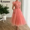 Party Dresses Long Pointy Collar Short Sleeves High Prom Tea Length Decorative Ribbon Belt Vestido De Festa Luxo 230224