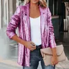 Kvinnorjackor Kvinnor täcker långa ärmar Cardigan Loose Charming Turn-Down Collar Single-Breasted Shiny Sequin Autumn Blazer för dejting