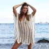 Women's Swimwear 2023 Sexy Hollow Out Deep V-neck Striped Crochet Mini Dress Women Summer Clothes Plus Size Beach Wear Swim Suit Cover Up Q1