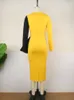 Casual Dresses Plus Size Color Block Party Dress Women Yellow Patchwork Ruffles Robes Lång ärm Hög midja Midi Sexig Fall Fashion Party Event 230223