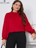 Mulheres Plus Size T-shirt Elegante Vermelho Plus Size Outono Túnica Mulheres Blusa Moda Outono Inverno Manga Longa Escritório Casual Senhoras Tops Outwear 230224