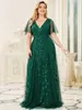 Robes de soirée grande taille robes de soirée longue A-LINE col en V demi-manches parole longueur robe Ever Pretty of Dark Green Prom Women Dress 230223