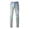 Denim Amiryes Jeans Designer Pants Man Fashion brand light blue wash water made old torn jeans men bright blue patch youth elastic fit ins small feet LLQS