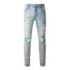 Luz Denim Moda Amirres Wash Jeans Marca Designer Calças Azul Homem Água Feito Velho Jeans Rasgado Homens Brilhantes Remendo Azul Juventude Elastic Fit Ins Pequenos Pés 19UF