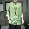 Mäns casual skjortor tang kostym is silke tryck mäns skjorta fempunkt ärm Ancient Style Costume Youth Zhongshan Hanfu Top