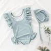 Swimsuit Girls summer one-piece swimsuit solid color wooden ear edge swimsuit