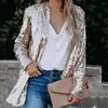 Kvinnorjackor Kvinnor täcker långa ärmar Cardigan Loose Charming Turn-Down Collar Single-Breasted Shiny Sequin Autumn Blazer för dejting