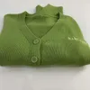 Cardigan tricoté pour femmes avec lettres brodées, col en v, vert uni, manches longues, ample, simple boutonnage, pulls décontractés pour dames