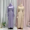 Ethnische Kleidung Muslimische Mode Frauen Islamisches Satinkleid Hijab Arabisch Plissee Abaya Dubai Ballonärmel mit Band Eid Mubarak Türkische Kleider