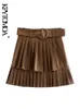 Skirts KPYTOMOA Women Fashion With Belt Faux Leather Pleated Mini Skirt VIntage High Waist Side Zipper Female Mujer 230224