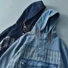 Herrjackor Autumn Japanese Style Hooded Pullover Denim Plaid Jacket Fashion Pure Cotton Washed Old Par Loose Casual Coatmen ''