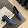 Dress Shoes Pointed Toe Women Pumps Denim Shallow Slip On Black White Blue Round Mid Heels Fashion Autumn Spring Woman Size 39 230224