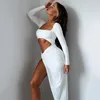 Sexy évider haute fendue Maxi Robe pour les femmes Robe 2023 automne manches longues froncé Club fête longue Robe Vestido