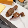 Calfskin Ladies Mid Heel Slippers Luxury Designer Fashion Summer Chunky Heel Sandals Size 35-44