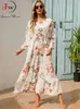 Casual Dresses Women Elegant Floral Printed Long Spring Summer O Neck Sleeve Ladies Chic High Waist A Line Beach 230224