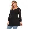 Women's Plus Size T-Shirt Plus Size Women's Clothing Chubby Lace Cutout Solid Long Sleeve V-Neck Long Autumn/Winter Tall Tops Wholesale Dropshpping Loose 230224