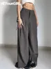 Damenhosen Capris HEYounGIRL Raffen Lässige Hosen mit weitem Bein Frauen Hohe Taille Straße Basic Lose Sweathose Koreanische Retro Graue Bürodamenhose 230223