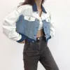 Kvinnors jackor hikigawa chic mode kvinnor vintage kontrast färg denim safari style streetwear lapptäcke löst korta kappskörda toppar