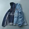 Herrjackor Autumn Japanese Style Hooded Pullover Denim Plaid Jacket Fashion Pure Cotton Washed Old Par Loose Casual Coatmen ''