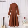 Casual Dresses Womens Fashion Party Solid Kaftan ZANZEA Vintage Corduroy Maxi Dress French Elegant Long Vestidos Autumn Holiday Swing 230224