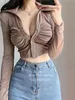 Women's Two Piece Pants Kawaii Sweet girl Sexy V neck Fold Pleated Thin Button Long Sleeve Tops Corset Short T Shirt Tees Top Korean Women FK09 230224