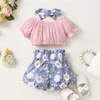 ファッション夏の新生児の女の赤ちゃん服セット半袖フリルトップ花柄のショートパンツヘッドバンド幼児3PCS衣装